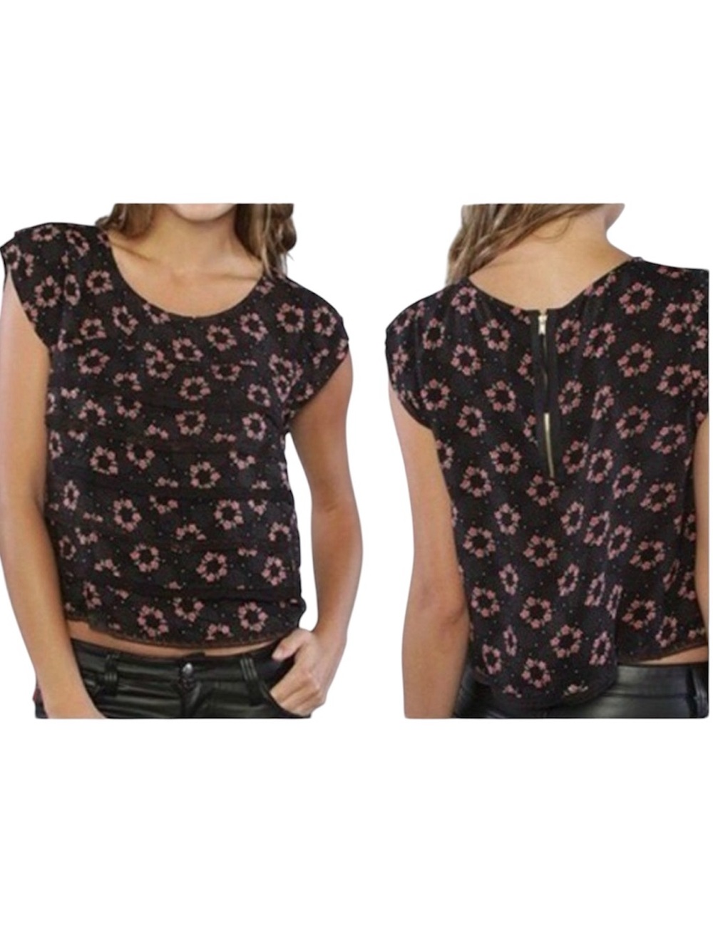 Free People Ruffle Front Black Floral Cap-Sleeve Top with Back Zip M